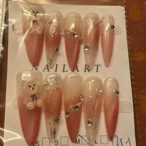 Curated‎ Premium Nail Set – Nude Gradient with Rhinestones & Florals